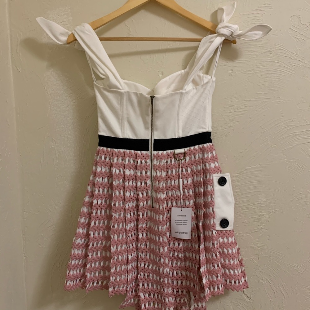 Self-Portrait White and Pink Tie-Shoulder Knit Fit-and-Flare Dress - Picture 4 of 5